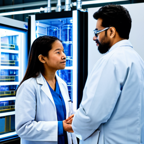 Home 11 A group of three professional quantum physicists, diverse, fully clothed in modest lab coats and appropriate attire, engaged in a focused research discussion. They are standing in a pristine, modern quantum computing laboratory. The background features a large, gleaming dilution refrigerator (cryostat) with intricate gold-plated wiring, symbolizing superconducting qubits, and glowing blue lights. Advanced scientific instruments and clean workstations are visible, emphasizing precision and cutting-edge technology. Perfect anatomy, correct proportions, natural poses, well-formed hands, proper finger count, natural body proportions. Professional photography, high quality, sharp focus, vibrant colors, futuristic lighting, safe for work, appropriate content, fully clothed, professional, family-friendly.