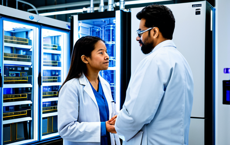 A group of three professional quantum physicists, diverse, fully clothed in modest lab coats and appropriate attire, engaged in a focused research discussion. They are standing in a pristine, modern quantum computing laboratory. The background features a large, gleaming dilution refrigerator (cryostat) with intricate gold-plated wiring, symbolizing superconducting qubits, and glowing blue lights. Advanced scientific instruments and clean workstations are visible, emphasizing precision and cutting-edge technology. Perfect anatomy, correct proportions, natural poses, well-formed hands, proper finger count, natural body proportions. Professional photography, high quality, sharp focus, vibrant colors, futuristic lighting, safe for work, appropriate content, fully clothed, professional, family-friendly.