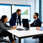 A diverse group of professional engineers, fully clothed in modest, appropriate business attire, actively collaborating around a large table in a modern, brightly lit tech office. They are engaged in discussion, pointing at complex diagrams on a whiteboard and reviewing data on large display screens. The atmosphere is professional, focused, and innovative, showcasing multidisciplinary teamwork. This is a safe for work, family-friendly scene with appropriate content, perfect anatomy, correct proportions, well-formed hands, proper finger count, and natural body proportions. Professional photography, high quality, natural pose.