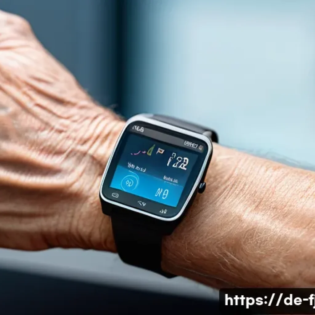 스마트 의료 기기 개발자 - A close-up of a flexible medical sensor patch adhered to the forearm of a middle-aged German man, sh...