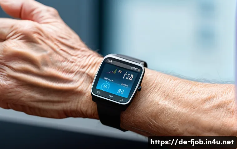 스마트 의료 기기 개발자 - A close-up of a flexible medical sensor patch adhered to the forearm of a middle-aged German man, sh...