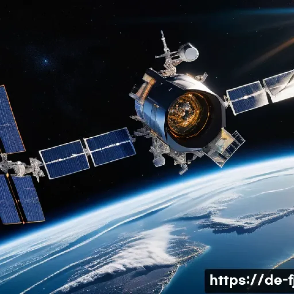 우주 쓰레기 제거 전문가 - A highly detailed scene in low Earth orbit showing a futuristic satellite equipped with multiple rob...