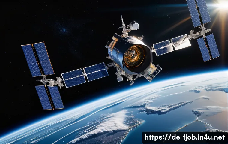 우주 쓰레기 제거 전문가 - A highly detailed scene in low Earth orbit showing a futuristic satellite equipped with multiple rob...