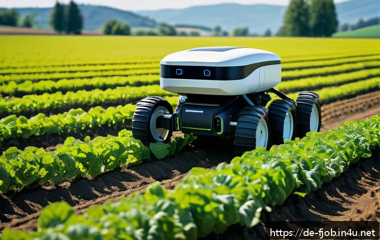 농업 로봇 개발자 - A highly detailed scene of an autonomous agricultural robot equipped with advanced sensors navigatin...