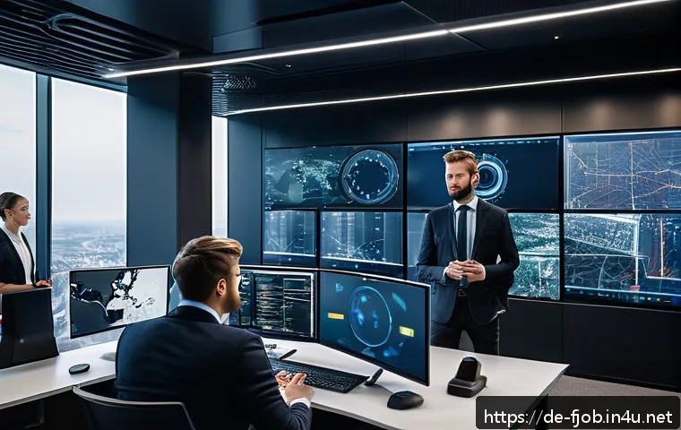 사이버 보안 전문가 - A modern office environment in Germany with cybersecurity professionals analyzing multiple large mon...