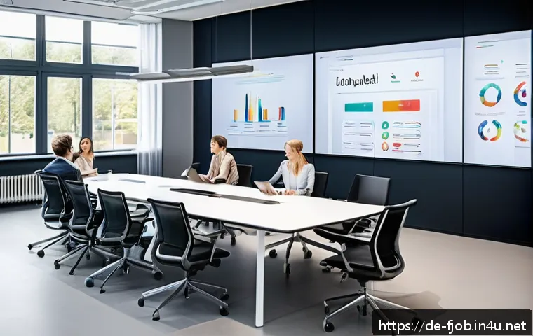 AI 감성 컴퓨팅 전문가 - A modern German office environment with diverse professionals interacting around a conference table,...