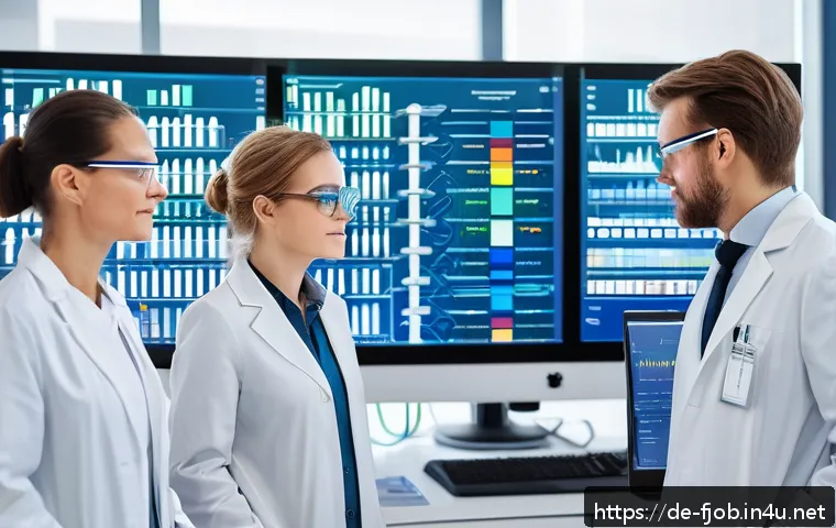 마이크로바이옴 연구직 - A modern microbiome research laboratory scene in Germany, showing diverse scientists wearing lab coa...