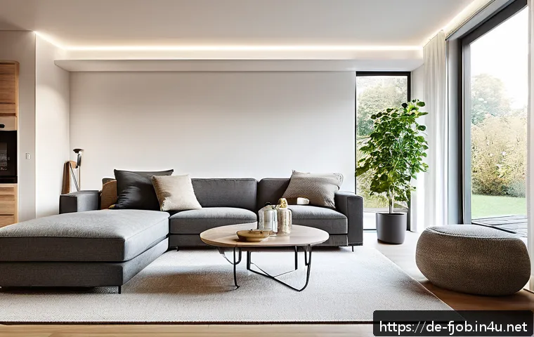 스마트 홈 시스템 엔지니어 - A modern German living room showcasing a fully integrated smart home system with various devices con...