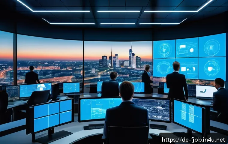 AI 기반 사이버 범죄 대응 전문가 - A futuristic cybersecurity operations center in Germany with diverse professionals monitoring large ...
