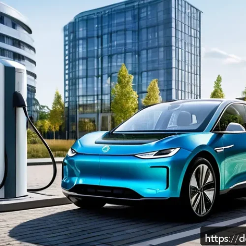Home 30 전기차 배터리 개발자 - A futuristic electric car charging at an ultra-fast charging station in a modern German cityscape, f...