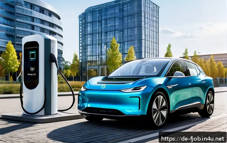 전기차 배터리 개발자 - A futuristic electric car charging at an ultra-fast charging station in a modern German cityscape, f...