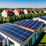 Home 23 클린 테크 스타트업 창업자 - A modern German suburban neighborhood with rooftops covered in sleek photovoltaic solar panels and s...