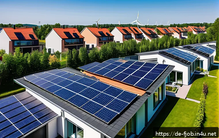 클린 테크 스타트업 창업자 - A modern German suburban neighborhood with rooftops covered in sleek photovoltaic solar panels and s...